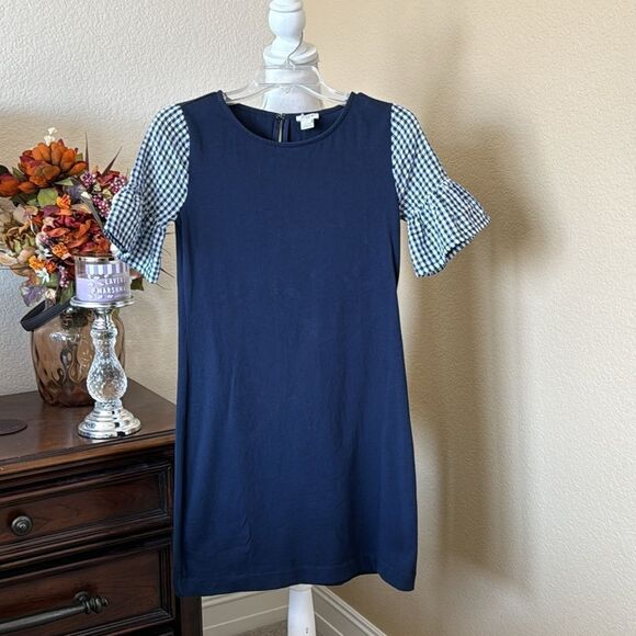 J. Crew Women's Gingham Print Bell Sleeve Navy Dress XXS - Picture 3 of 5